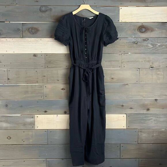 American Eagle Cotton Linen Blend Laced Jumpsuit Romper Short Sleeves M Black - Picture 3 of 15